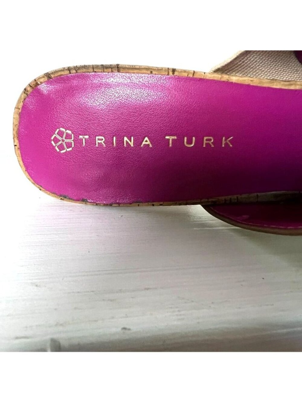 Trina Turk Gold Metallic Leather Cork Block Heel Peep Toe Mule Slides 9M Resort - Picture 6 of 13